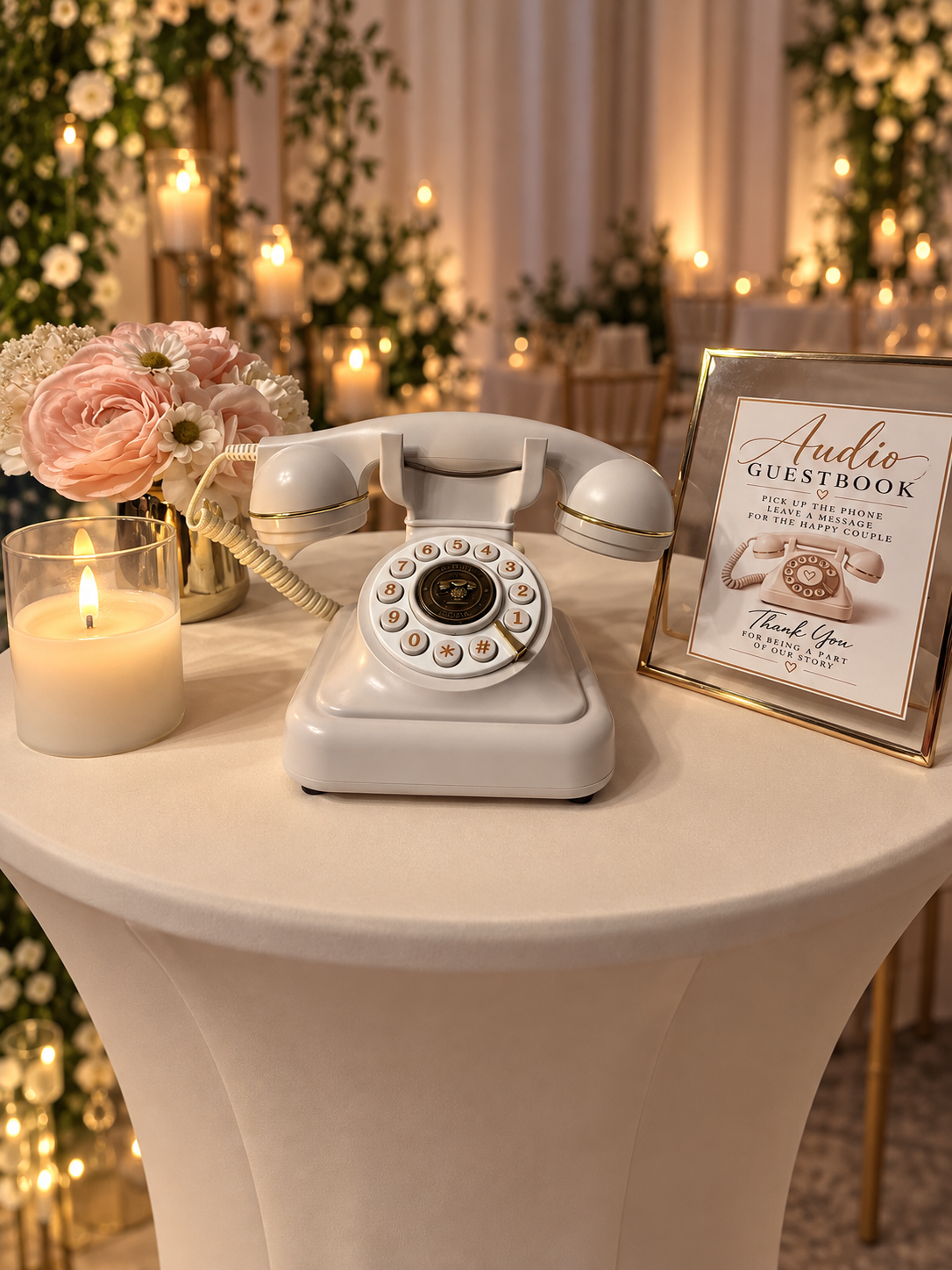 White vintage-style Audio Guestbook phone with flowers and an instruction card