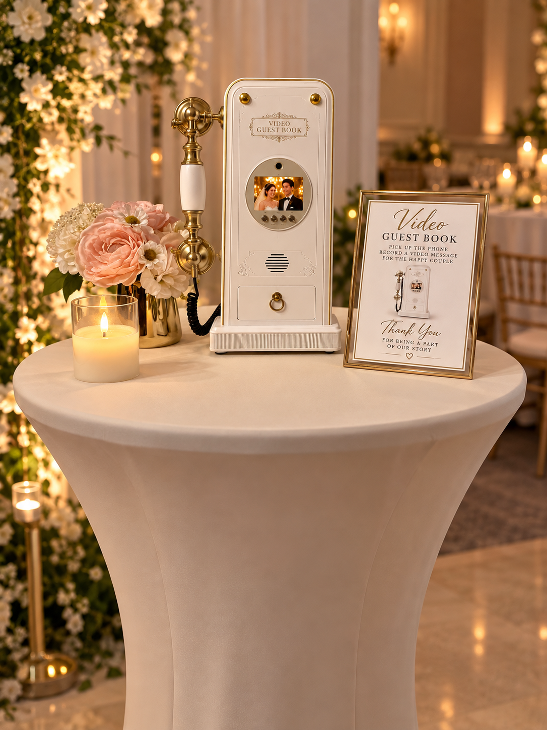 Ivory Video Guestbook phone with flowers, candle and gold-framed instruction sign