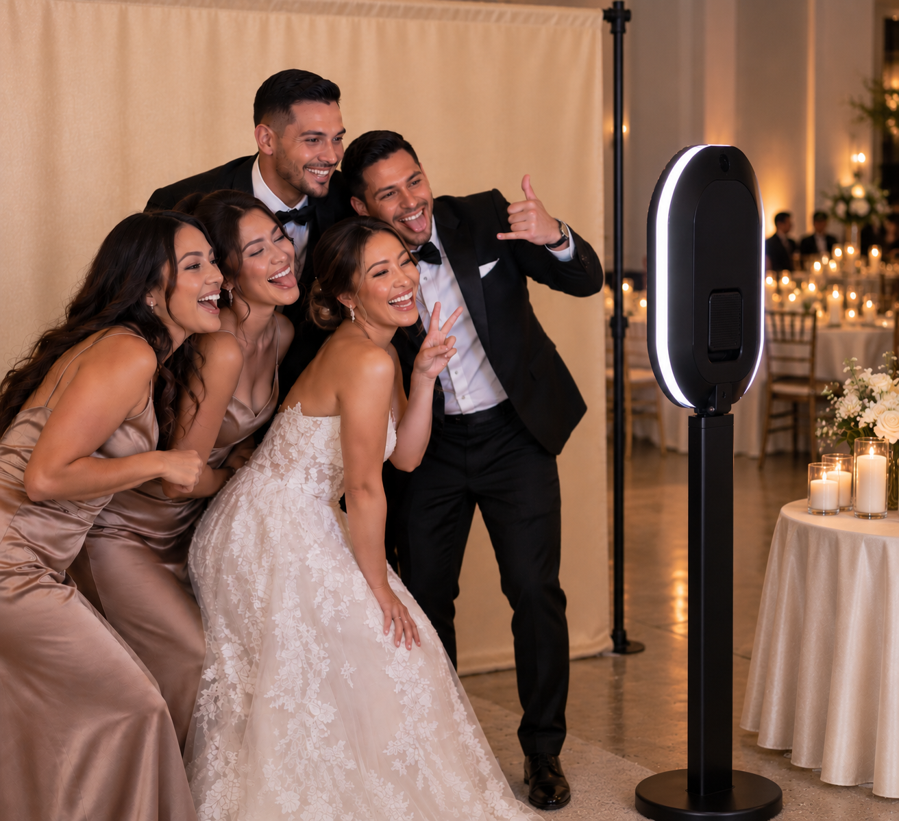 Bride, groom and wedding party posing together at an elegant reception photo booth