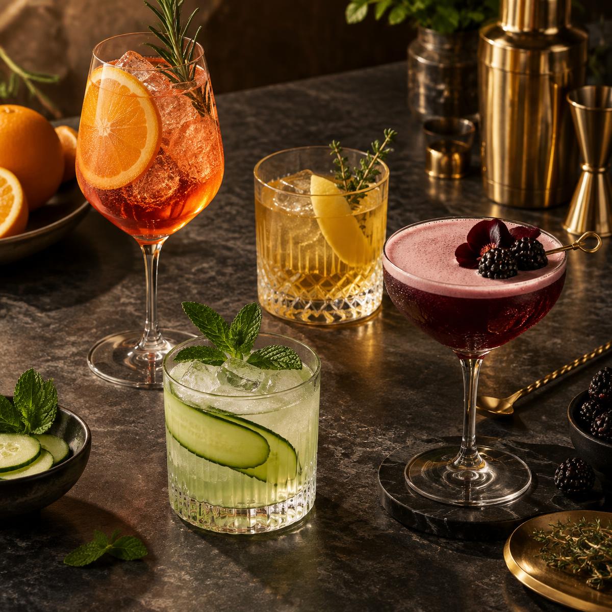 Four signature cocktail and mocktail inspirations on an elegant bar